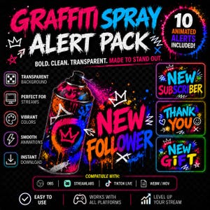 Könnte beinhalten: Ein digitales Grafikpaket mit einer Sprühdose mit lebendigen Graffiti-Spritzern in Pink, Blau und Orange. Der Text lautet Graffiti Spray Alert Pack, 10 Animated Alerts Included, New Subscriber, Thank You und New Follower.