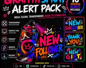 Pode incluir: Um pacote gráfico digital apresentando uma lata de spray com respingos de grafite vibrantes em rosa, azul e laranja. O texto diz Graffiti Spray Alert Pack, 10 Animated Alerts Included, New Subscriber, Thank You e New Follower.