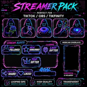 Cyberpunk Glitch Streamer Pack | Geanimeerde meldingen + webcam-overlays | TikTok OBS TikFinity | Neon stream graphics