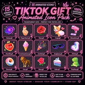 Puede incluir: Gr&aacute;fico promocional para un paquete de iconos animados de TikTok. El dise&ntilde;o presenta 15 iconos animados en una cuadr&iacute;cula, incluyendo una galaxia, un coraz&oacute;n, una rosa, un corgi y m&aacute;s. El texto dice "TIKTOK GIFT Animated Icon Pack" en ne&oacute;n rosa, con texto adicional.