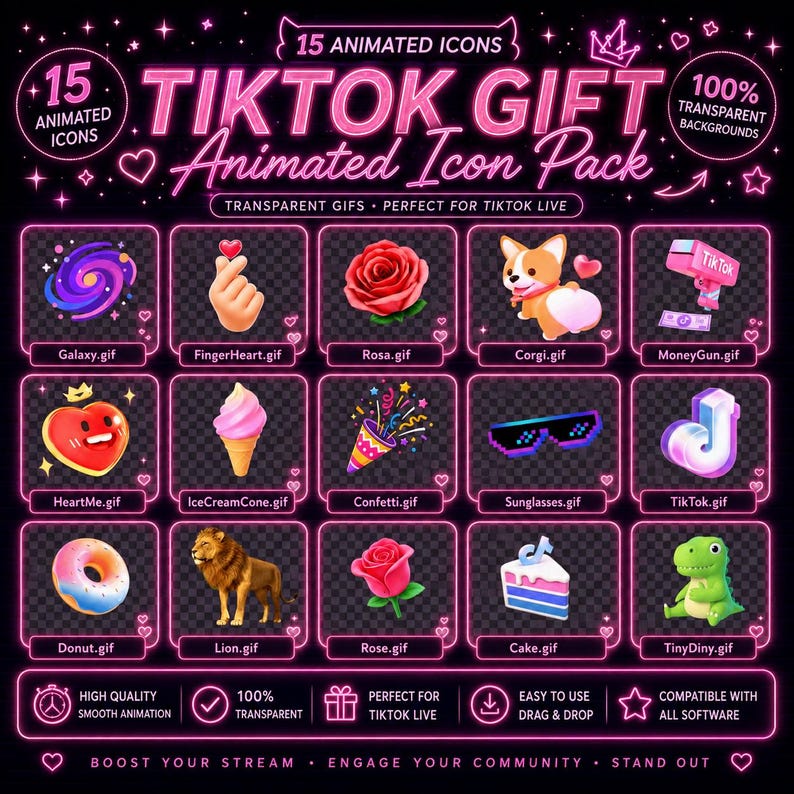 Puede incluir: Gr&aacute;fico promocional para un paquete de iconos animados de TikTok. El dise&ntilde;o presenta 15 iconos animados en una cuadr&iacute;cula, incluyendo una galaxia, un coraz&oacute;n, una rosa, un corgi y m&aacute;s. El texto dice "TIKTOK GIFT Animated Icon Pack" en ne&oacute;n rosa, con texto adicional.