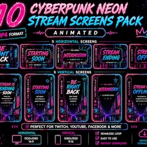 Può includere: Un pacchetto di prodotti digitali con 10 schermate di streaming animate Cyberpunk Neon. Gli schermi presentano una combinazione di colori al neon con sfumature rosa e blu. Il pacchetto include schermate orizzontali e verticali con testo come "Be Right Back" e "Stream is Offline".