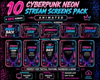 Paquete de pantallas animadas de neón cyberpunk para transmisiones en directo (MP4) / Superposición para Twitch y TikTok