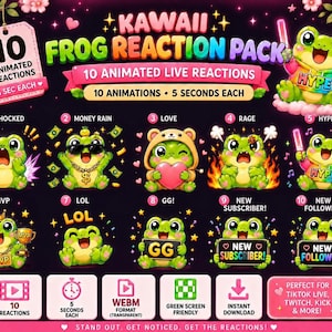 May include: A digital collection of 10 animated frog reactions featuring various expressions and themes. The graphics include frogs in different states like shocked, hype, and love, with text labels such as LOL, GG, New Subscriber, and New Follower.