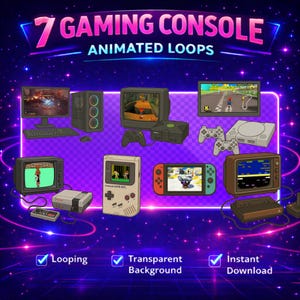 Puede incluir: Ilustración de siete consolas de juegos con bucles animados. La imagen presenta una computadora de escritorio, Xbox, PlayStation, Nintendo Switch y consolas retro. Texto: "7 Gaming Console Animated Loops", "Looping", "Transparent Background" e "Instant Download."