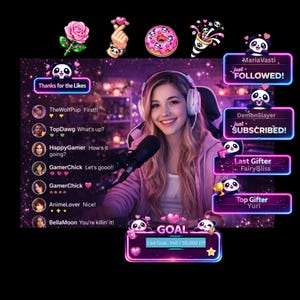 Puede incluir: Configuraci&oacute;n de una streamer con una mujer sonriente con auriculares y un micr&oacute;fono. La pantalla muestra una interfaz de chat con comentarios y notificaciones, incluyendo "Thanks for the Likes" y "GOAL". Tambi&eacute;n hay gr&aacute;ficos decorativos de panda y coraz&oacute;n.