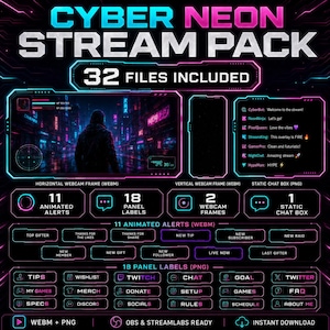 Cyber Neon Stream Pack | Animated WEBM Alerts, Twitch Panels, OBS Overlay, Webcam Frames, Chat Box, Gamer Stream Graphics