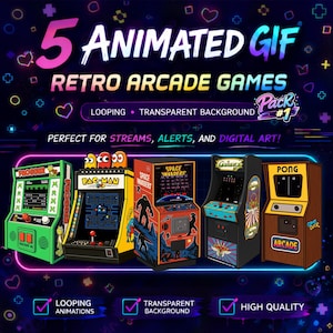 Puede incluir: Imagen que muestra cinco juegos de arcade retro GIF animados. Los juegos incluyen Frogger, Pac-Man, Space Invaders, Galaga y Pong. La imagen presenta el texto "5 Animated GIF Retro Arcade Games" y destaca las animaciones en bucle y los fondos transparentes.