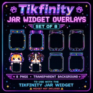 Pode incluir: Um conjunto digital de 8 sobreposições de widgets de frasco Tikfinity com contornos estilo neon, incluindo dois frascos segurados por um gato e um cão de desenho animado com auscultadores. O fundo preto exibe o texto Tikfinity JAR WIDGET OVERLAYS SET OF 8.