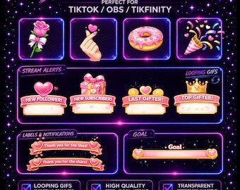 Paquete de superposiciones para streamers de TikTok con alertas animadas y reacciones GIF. Compatible con OBS/Tikfinity.