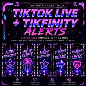 TikTok Tikfinity OBS Live Engagement Reactions Pack | 5 Animated vertical WEBM Alerts | New Follower, New Gift, Subscriber, Likes & Share |