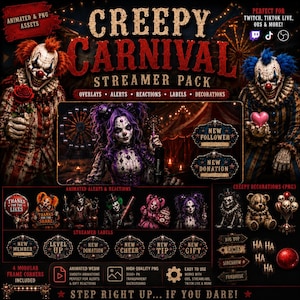 Può includere: Un pacchetto streamer digitale intitolato Creepy Carnival con grafica a tema clown, inclusi avvisi animati, reazioni, etichette e decorazioni. Il set mostra vari personaggi clown e cornici decorate per Twitch e TikTok.