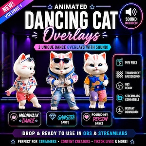 May include: Animated dancing cat overlays featuring three white cat characters in different outfits and dance poses. Text includes NEW VOLUME 1, ANIMATED DANCING CAT OVERLAYS, 3 UNIQUE DANCE OVERLAYS WITH SOUND, MOONWALK, GANGSTA, FOUND MY PERSON, and MOV FILES.