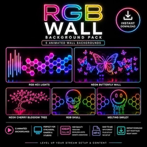 Könnte beinhalten: Ein digitales Paket mit fünf animierten RGB-Neon-Hintergründen, die ein hexagonales Lichtgitter, Schmetterlinge, einen Kirschblütenbaum, einen Totenkopf und ein schmelzendes Smiley-Gesicht zeigen. Der Text lautet RGB WALL BACKGROUND PACK, 5 ANIMATED WALL BACKGROUNDS und INSTANT DOWNLOAD.