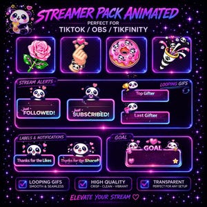Puede incluir: Paquete de streamer animado con tem&aacute;tica de panda. El dise&ntilde;o presenta acentos de ne&oacute;n rosa y p&uacute;rpura, con el texto "Streamer Pack Animated" y "Elevate Your Stream". Incluye alertas, GIF en bucle y rastreadores de objetivos.