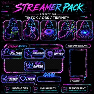Puede incluir: Gráfico de paquete de streamer digital con fondo negro y acentos rosa y azul neón. El texto "STREAMER PACK" está en la parte superior. Incluye figuras encapuchadas, alertas de transmisión, superposiciones de cámara web y GIF en bucle. Para TikTok, OBS y Tikfinity.