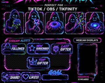 Paquete de efectos visuales cyberpunk para streamers / Alertas animadas + superposiciones para webcam / TikTok OBS TikFinity / Gráficos de neón para streams