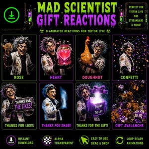 Op de afbeelding: Een digitale afbeelding getiteld Mad Scientist Gift Reactions met acht geanimeerde karakterpanelen. Elk paneel toont een wetenschapper in een laboratoriumjas met een veiligheidsbril, die verschillende items presenteert, waaronder een roos, hart, kip en geschenkdozen.