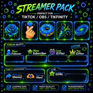Op de afbeelding: Een digitale streamer pack-afbeelding met een zwarte achtergrond en neon groene en blauwe accenten. Het pakket bevat geanimeerde graphics voor TikTok, OBS en Tikfinity, met waarschuwingen, labels en looping GIF's. De tekst luidt "Streamer Pack".