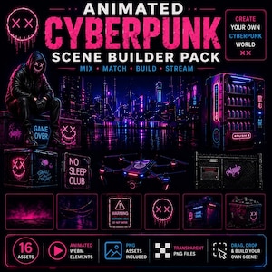 Geanimeerd Cyberpunk Asset Pack, Neon Night City OBS Overlay Assets, TikTok Live PNG WEBM Bundle, Futuristisch Gaming Streamer Scene Kit