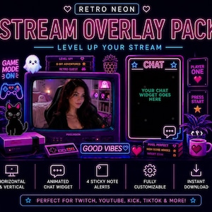 Può includere: Grafica in stile neon per un pacchetto di overlay per lo streaming. Il design presenta un'estetica retrò con uno schermo televisivo che mostra una persona, widget di chat ed elementi a tema gioco. Il testo include "Stream Overlay Pack" e "Level Up Your Stream."