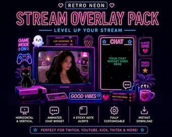 Paquete de superposiciones animadas de neón retro para webcam / Superposiciones para Twitch y TikTok / Diseño de transmisión horizontal y vertical / Alertas de notas adhesivas