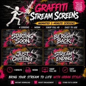 May include: A digital graphic set titled Graffiti Stream Screens featuring four animated screens with text: Starting Soon, Be Right Back, Just Chatting, and Stream Ending. The design uses a black brick background with pink and white graffiti accents.
