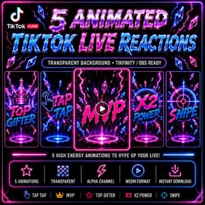 5 Geanimeerde TikTok Live-reacties | WEBM Alpha | TikFinity OBS Streamlabs | Top Gifter, Tap Tap, MVP, Snipe & X2 Power | Stream Alerts