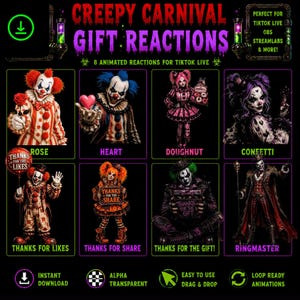 Op de afbeelding: Een digitale afbeelding getiteld Creepy Carnival Gift Reactions met acht verschillende clown-personages in diverse kostuums en houdingen, elk gelabeld met tekst waaronder Rose, Heart, Doughnut, Confetti, Thanks for Likes, Thanks for Share en Thanks for the Gift.