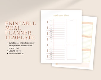 Weekly Meal Planner and Grocery List Bundle- Instant Digital Download, Printable