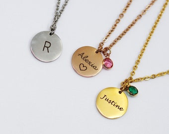 Personalized Stainless Steel Birthstone Necklace - Customized in 12 Colors, Engravable Necklace