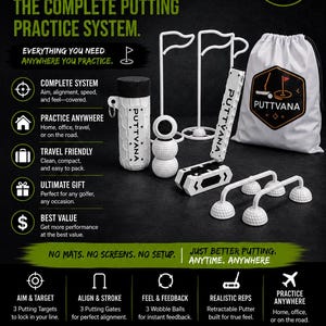 May include: The Puttvana Pro Bundle putting practice system includes a retractable putter, three white putting targets, three white putting gates, three white wobble balls, and a white drawstring carry bag with a black and orange logo.