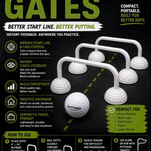 May include: A set of three white golf putting gates with textured ball-shaped bases and arched tops. The product is labeled Puttvana and includes instructional text about improving start lines, face control, and consistency for golf practice.