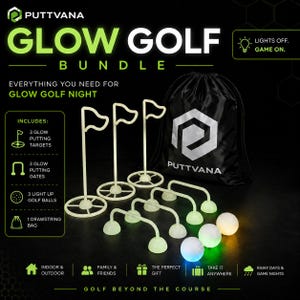 May include: A glow golf bundle featuring three off-white putting targets with flags, three off-white putting gates, three light-up golf balls in white, green, and blue, and a black drawstring bag with the Puttvana logo printed in white text.