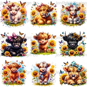 Watercolor Sunflower Baby Highland Cow, Cow Clipart, Sunflower Clipart, Sublimation, 9 Cow PNGS, Tumbler Wrap, Commercial Use