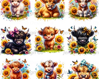Watercolor Sunflower Baby Highland Cow, Cow Clipart, Sunflower Clipart, Sublimation, 9 Cow PNGS, Tumbler Wrap, Commercial Use