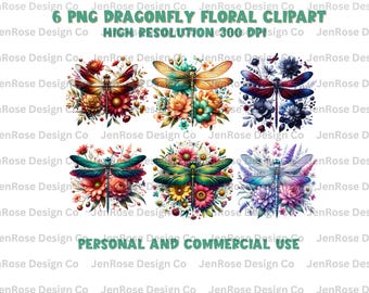 Watercolor Dragonfly Floral Clipart Sublimations Bundle, Insect PNG Clipart, Decorative Collection, Dragonflies Card Making Invitation PNG