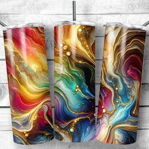 Rainbow Tumbler Wrap Marble Neon Colors and Gold Glitter 20oz Tumbler Sublimation Design PNG, Alcohol Ink Tumbler PNG File Seamless Tumbler
