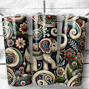 Embroidered Elephant 20 oz Skinny Tumbler Sublimation Design Digital Download PNG DIGITAL ONLY, Embroidery Mandala Elephant Tumbler Wrap