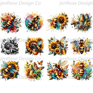 Floral Flower and Bee Clipart Bundle Set,  Cute Bee and Flower PNG Design, Watercolor Flower and Bee Sublimation PNG