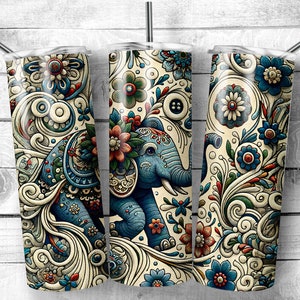 Embroidered Elephant 20 oz Skinny Tumbler Sublimation Design Digital Download PNG DIGITAL ONLY, Embroidery Mandala Elephant Tumbler Wrap