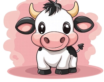 May include: A cute cartoon cow with black and white spots, pink ears, and a big smile. The cow is standing on a pink background with a white outline.