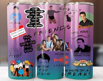 May include: Three stainless steel tumblers with a purple background and various Friends TV show graphics. The tumblers feature quotes, characters, and logos from the show, including "I'll be there for you", "Pivot", "How you doin", "You are my lobster", "Smelly Cat", "Joey doesn't share food", and "We were on a break".