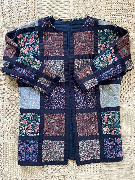 Vintage Handmade Quilted Jacket Coat Blue Purple F