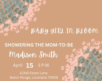 Baby Girl Shower Invitation | Flower Invitation | Baby Shower Invite | Baby Shower Announcement | Baby Girl