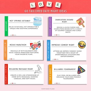 60 cartes-idées pour un rendez-vous amoureux : imprimables, amusants et romantiques, carnet de bons d'amour, boîte date pour mariage, cadeau de Saint-Valentin pour lui/elle