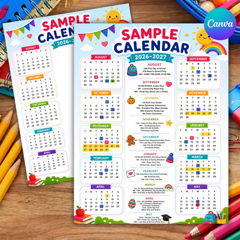 Editable Rainbow School Calendar Canva Template (10-Month Planner)