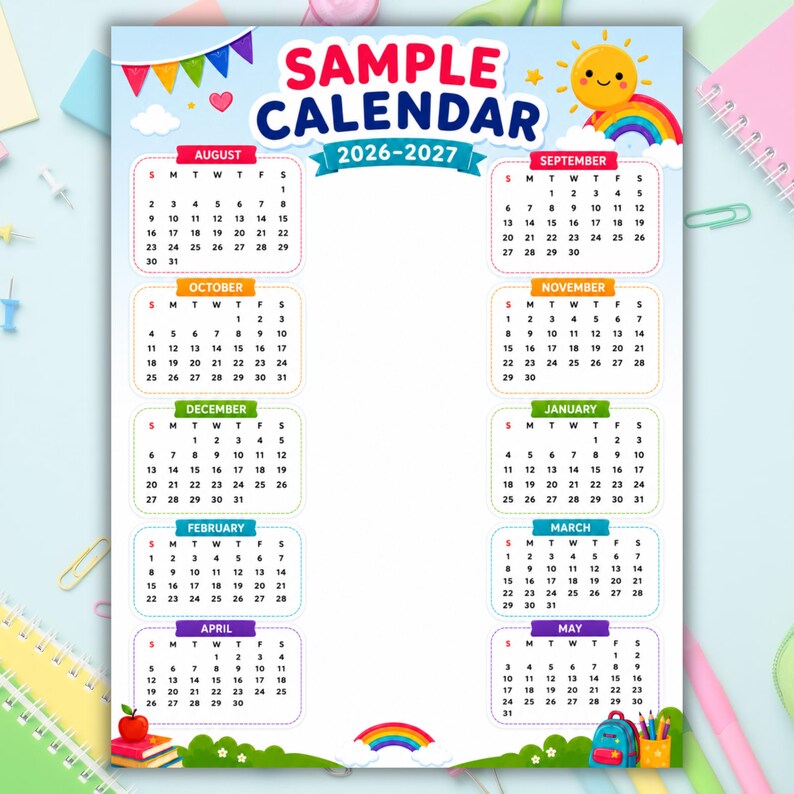 Editable Rainbow School Calendar Canva Template (10-Month Planner)