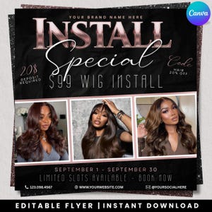 Puede incluir: Folleto negro y oro rosa con el texto "INSTALL Special" y "$99 WIG INSTALL". Incluye imágenes de mujeres con diferentes peinados. El folleto también indica "HAIR 20% OFF" y "LIMITED SLOTS AVAILABLE - BOOK NOW".