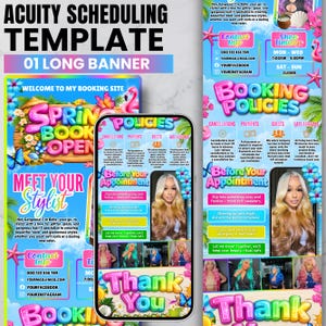 May include: Acuity Scheduling Template banner with a spring theme. The design includes text, a flamingo, butterflies, and a phone displaying booking policies. The banner promotes a stylist specializing in glitter, glam, and hair.
